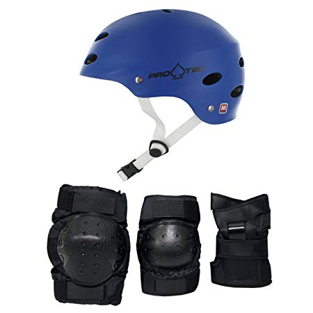 PRO TEC Skateboard Helmet ACE Matte Blue Sz LARGE Elbow/Knee/Wrist Pad Combo