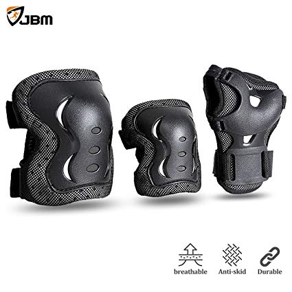 JBM international JBM Children & Adults Cycling Roller Skating Knee Elbow Wrist Protective Pads-Black/Adjustable Size, Suitable for Skateboard, Biking, Mini Bike Riding and Other Extreme Sports